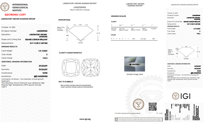 IGI Certified 1.01 CT CUSHION Brilliant Cut Lab Diamond - VVS2/E Color