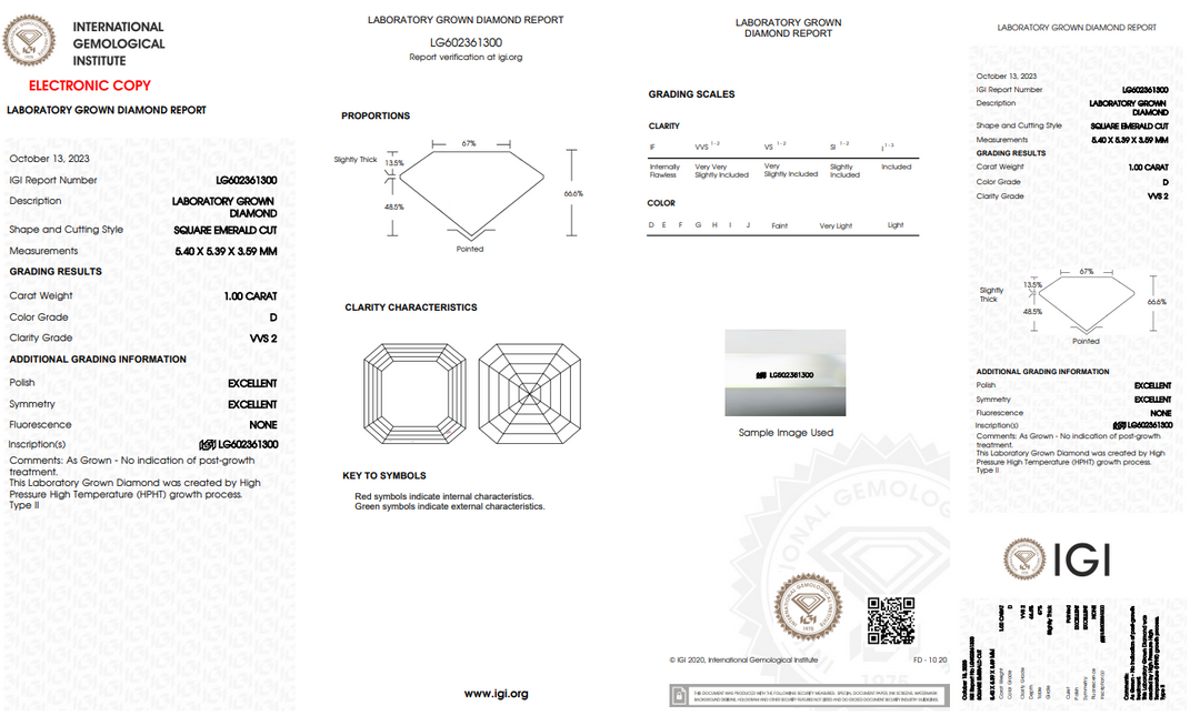 IGI Certificat 1.00 CT Square Emerald Laborator Diamond, Claritate VVS2, Culgărie D