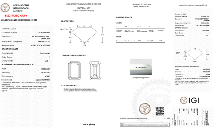 Certificado IGI 1,05 CT Diamante de Laboratório de Esmeralda - Clareza VVS1