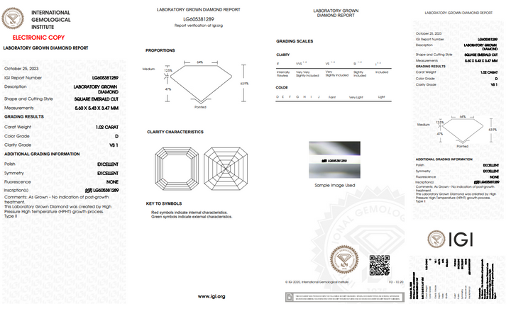 DIAMANT CULTIVÉ EN LABORATOIRE ÉMERAUDE CARRÉ DE 1,02 CT CERTIFIÉ IGI, CLARTÉ VS1, COULEUR D