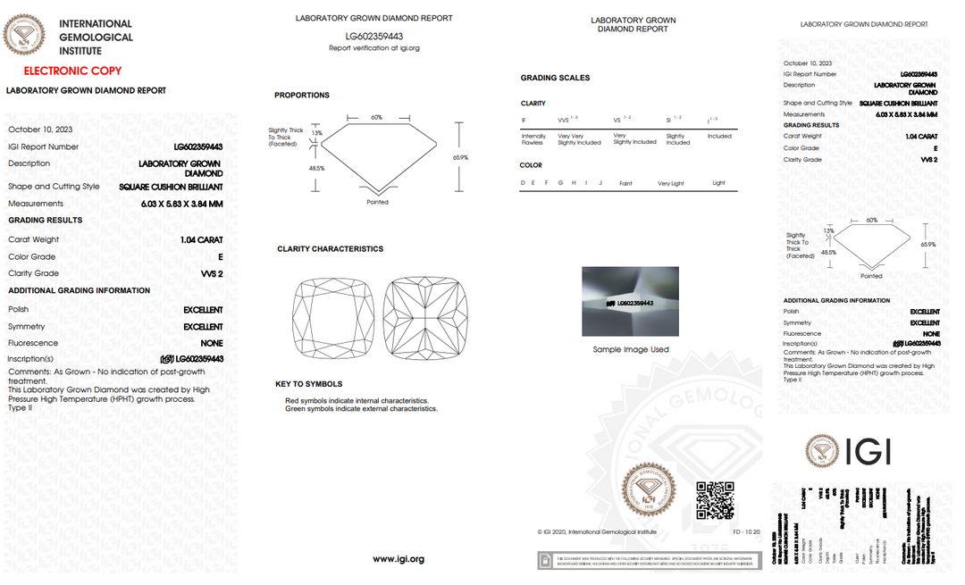 IGI Certified 1.04 CT Cushion Brilliant Cut Lab-Grown Diamond, VVS2 Clarity, E Color