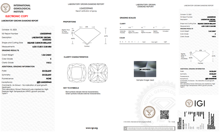 IGI Certified 1.04 CT Cushion Brilliant Cut Lab-Grown Diamond, VVS2 Clarity, E Color