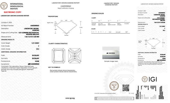 IGI CERTIFIED 1.51 CT RADIANT CUT LAB-GROWN DIAMOND - VS2 CLARITY, F COLOR