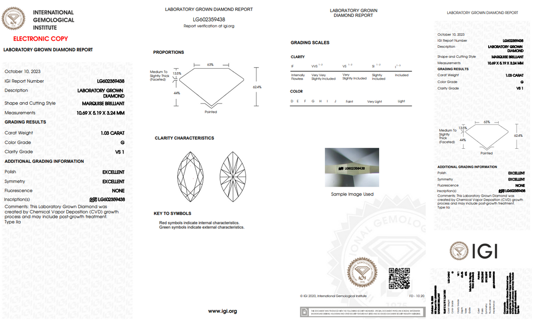 IGI -certificeret 1.03 CT Marquise Lab Grown Diamond, VS1 Clarity, G Color