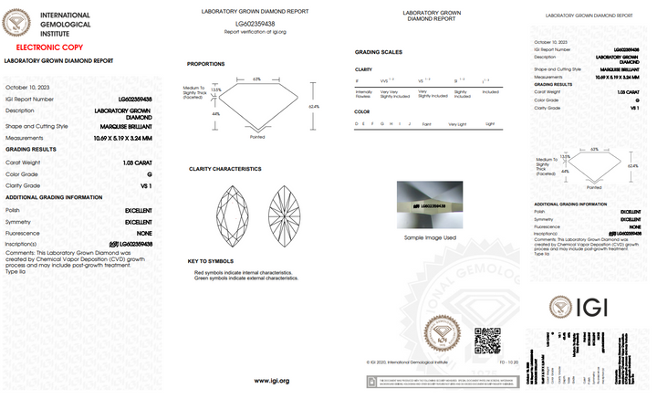 IGI Certified 1.03 CT Marquise Lab Grown Diamond, VS1 Clarity, G Color