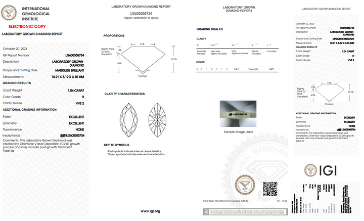 IGI認定1.04 CT Marquise Lab Grown Diamond、VVS2 Clarity、H Color