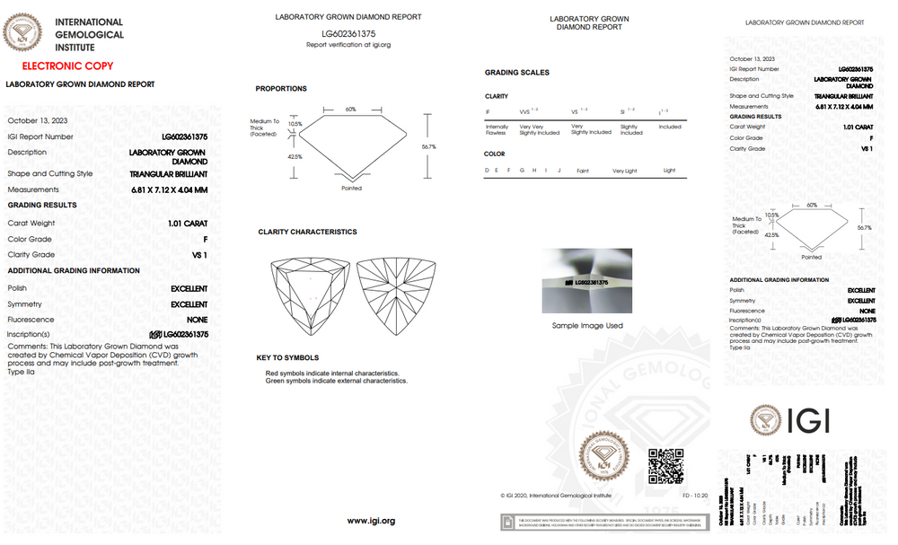 1.01 Carat Trillion Cut Lab Grown Diamond, VS1/F