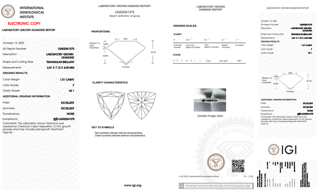 IGI-zertifizierter, im Labor gezüchteter Diamant mit Trilliantschliff von 1,01 Karat, Klarheit VS1, Farbe F