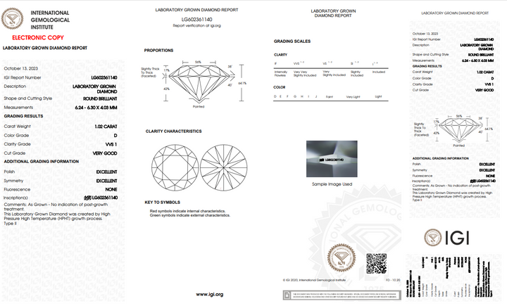 IGI-zertifizierter runder, im Labor gezüchteter Diamant mit 1,02 CT – VVS1 D