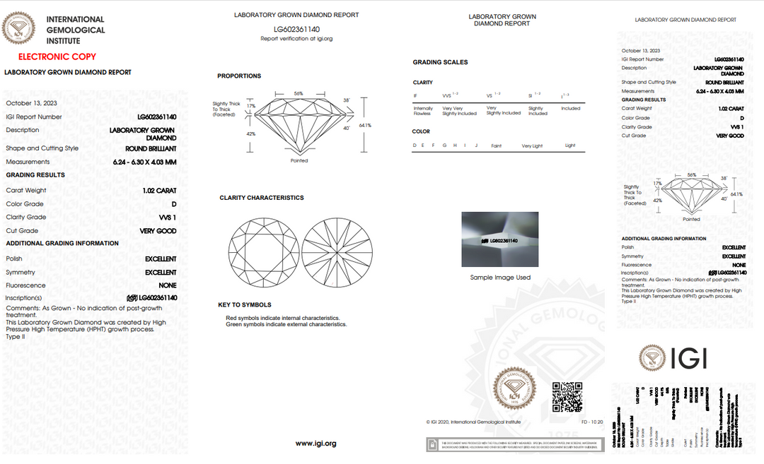 Сертифицированный IGI 1,02 CT Round Lab Grown Diamond - VVS1 D