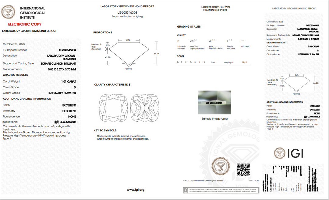 IGI Certified 1.01 CT CUSHION CUT LAB GROWN DAIMOND - INVERINA