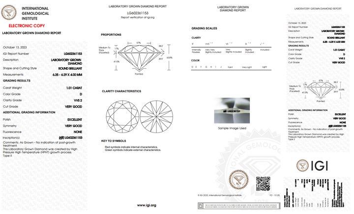 IGI CERTIFIED 1.01 CT ROUND LAB-GROWN DIAMOND | VVS2 | D Color