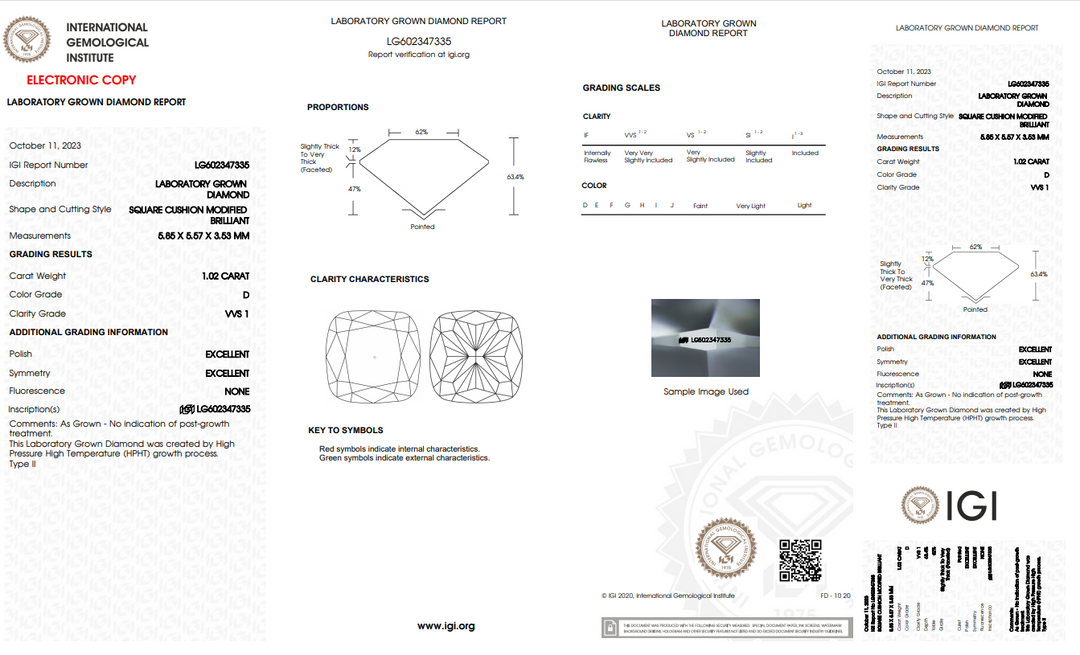 IGI Bersertifikat 1.02 CT Cushion Cut Lab -Grown Diamond - Warna VVS1/D