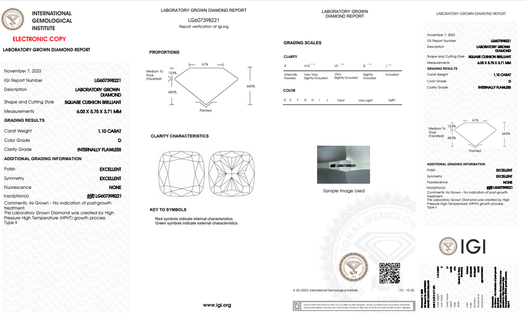 IGI CERTIFIED 1.10 CT CUSHION CUT LAB GROWN DIAMOND - FLAWLESS (IF) - D COLOR