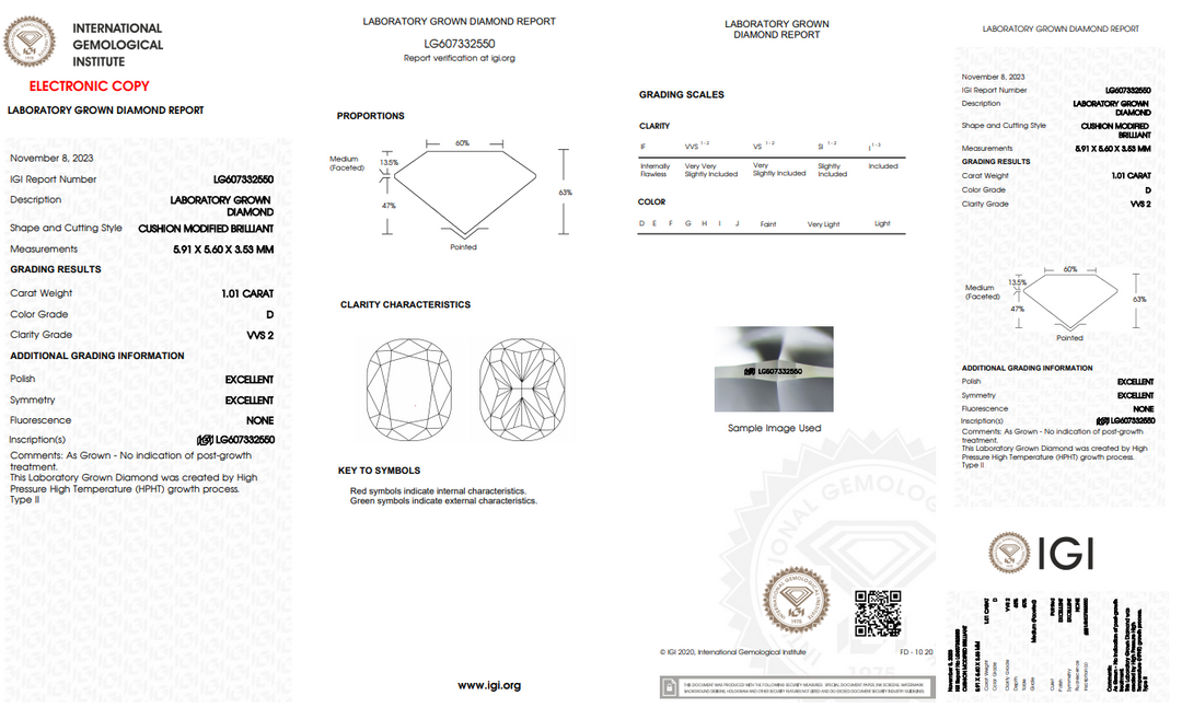 IGI Certified 1.01 CT Cushion Cut Lab Gegroeide diamant - VVS2/D kleur