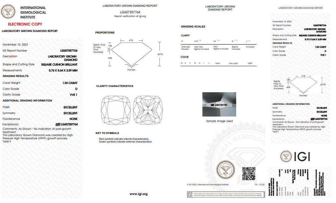 IGI Certified 1,03 CT CUSION CUSH LAB -pěstovaný diamant - VVS1/D barva