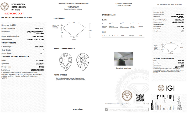 IGI-certificeret 1,00 CT pæreformet lab dyrket diamant, vs1 klarhed, f farve