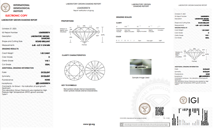 Сертифицированный IGI 1,02 CT Round Lab Rousher Diamond | VVS1 | D цвет