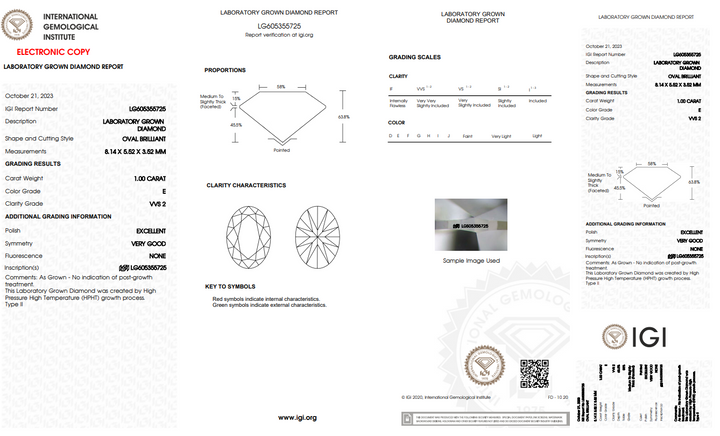 IGI Certified 1 CT OVAL LAB-LAB-LABRORY DIAMOND, VVS2, E COULEUR