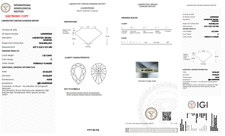 IGI certificat de 1,02 ct în formă de pere, diamant cultivat de laborator, dacă claritate, culoare D