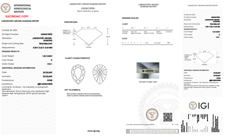 IGI CERTIFIED 1.02 CT  PEAR-SHAPED LAB-GROWN DIAMOND, VVS1 CLARITY, D COLOR