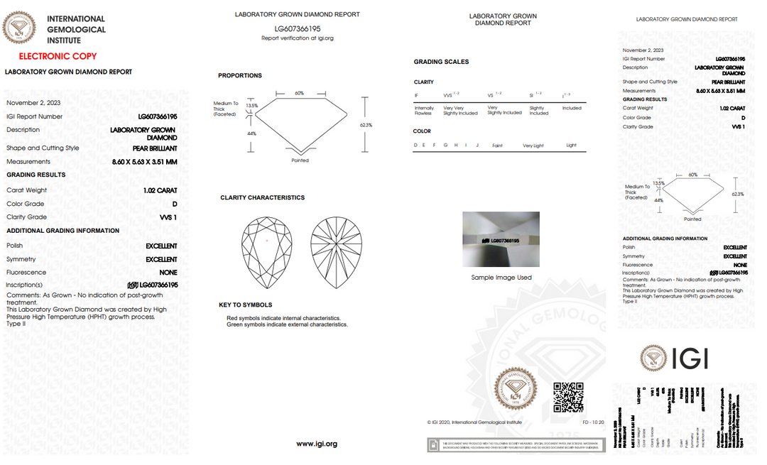 IGI сертифікований 1,02 CT грушоподібна лабораторна діамант, VVS1 Clarity, D Колір