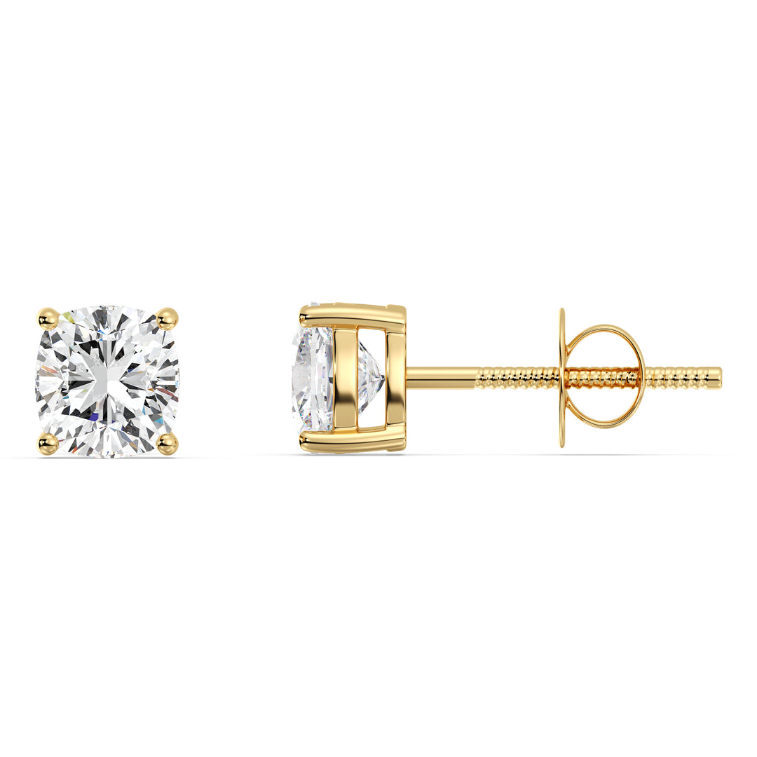Classic yellow gold cushion cut lab grown diamond stud earrings, IGI certified, 0.20–4.00 CTTW