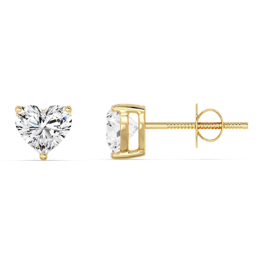 Classic yellow gold heart cut lab grown diamond stud earrings, IGI certified, 0.20–4.00 CTTW