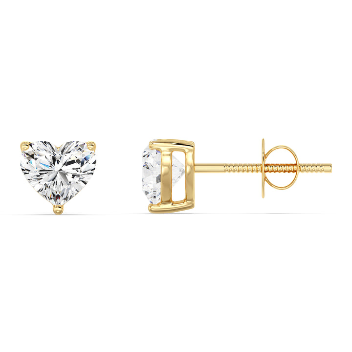 Classic yellow gold heart cut lab grown diamond stud earrings, IGI certified, 0.20–4.00 CTTW