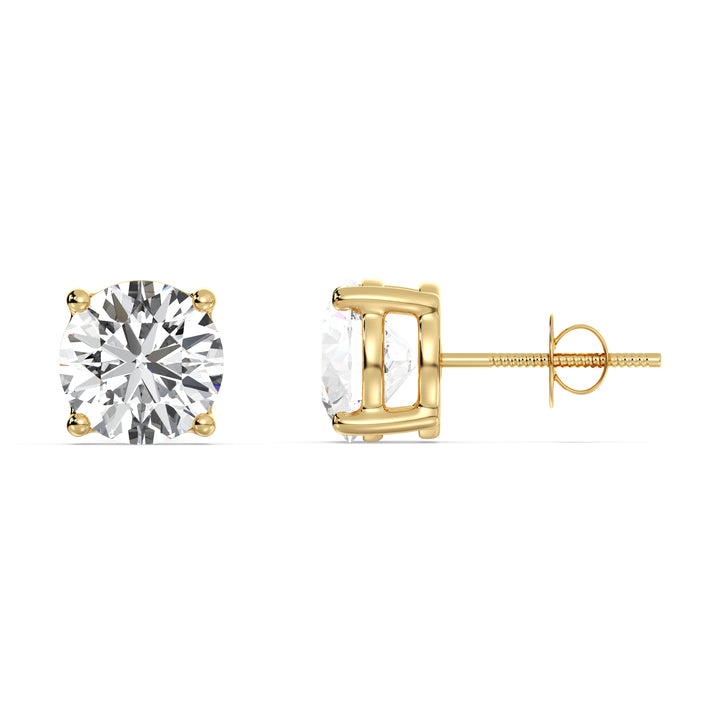 Classic yellow gold round cut lab grown diamond stud earrings, IGI certified, 0.20–4.00 CTTW