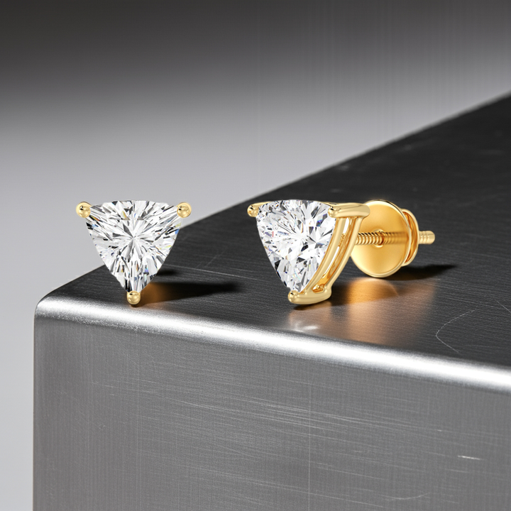 Classic yellow gold trillion cut lab grown diamond stud earrings, IGI certified, 0.20–4.00 CTTW