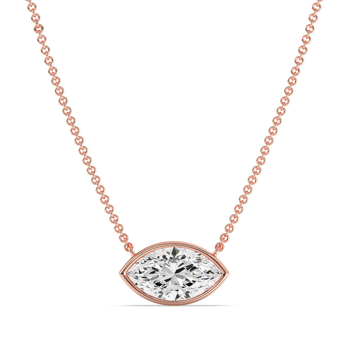 Close-up image of a 2 Carat Lab-Grown Marquise-Cut Diamond Bezel-Set Solitaire Pendant Necklace in 18K Rose Gold, featuring a sparkling E/VS diamond on a delicate rose gold chain.