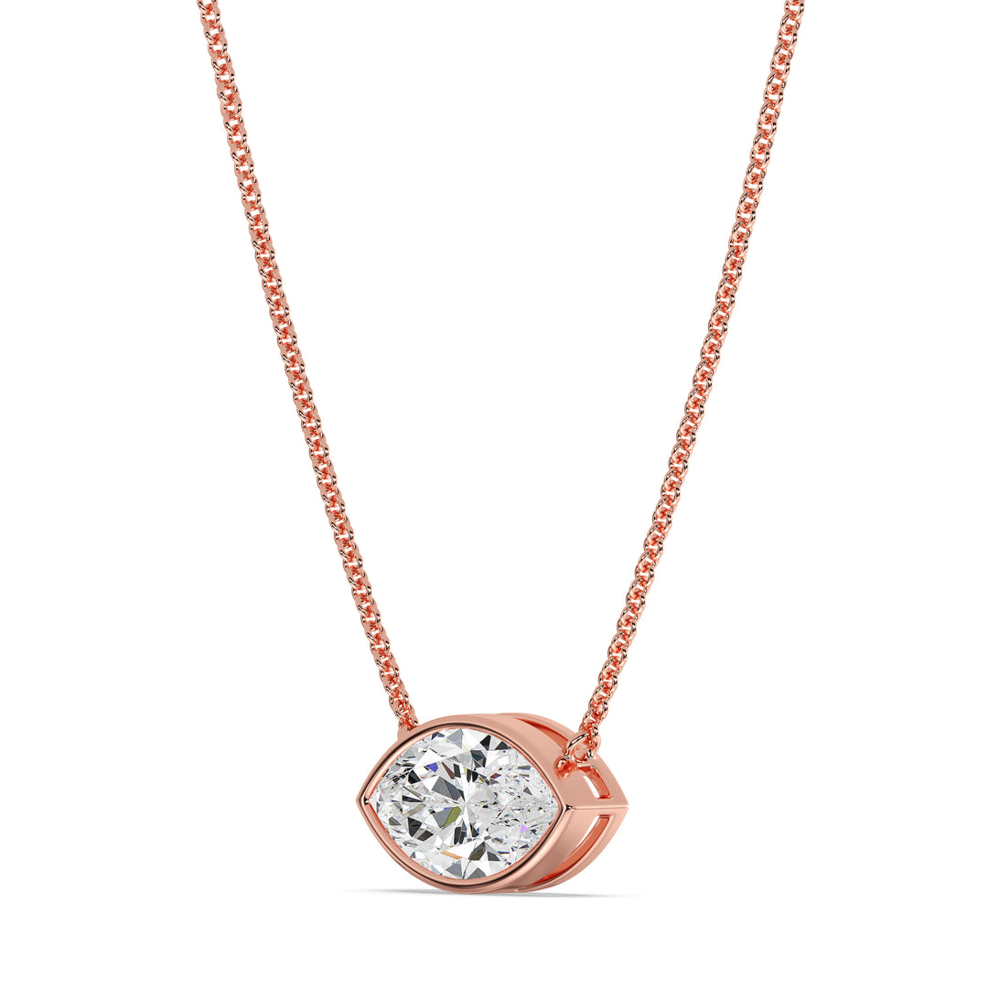 Close-up image of a 2 Carat Lab-Grown Marquise-Cut Diamond Bezel-Set Solitaire Pendant Necklace in 18K Rose Gold, featuring a sparkling E/VS diamond on a delicate rose gold chain.