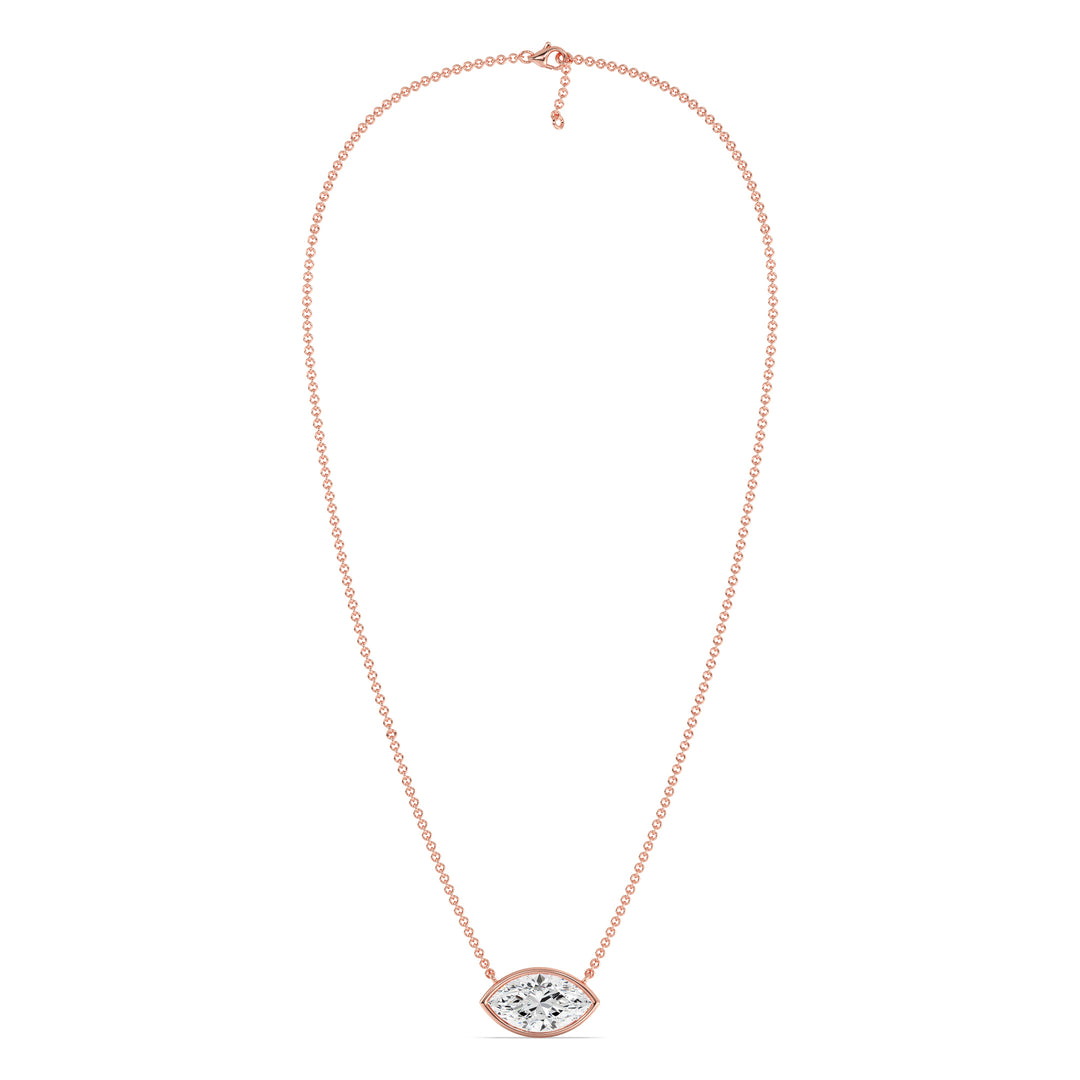 Close-up image of a 2 Carat Lab-Grown Marquise-Cut Diamond Bezel-Set Solitaire Pendant Necklace in 18K Rose Gold, featuring a sparkling E/VS diamond on a delicate rose gold chain.