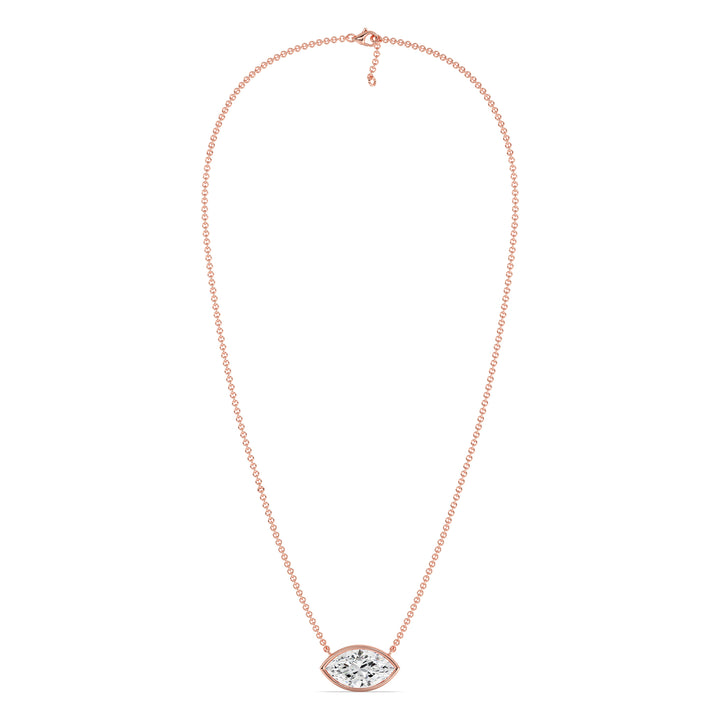 Close-up image of a 2 Carat Lab-Grown Marquise-Cut Diamond Bezel-Set Solitaire Pendant Necklace in 18K Rose Gold, featuring a sparkling E/VS diamond on a delicate rose gold chain.