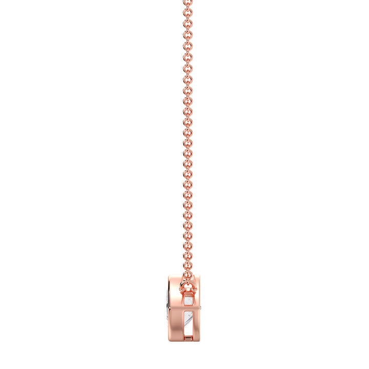 Close-up image of a 2 Carat Lab-Grown Marquise-Cut Diamond Bezel-Set Solitaire Pendant Necklace in 18K Rose Gold, featuring a sparkling E/VS diamond on a delicate rose gold chain.