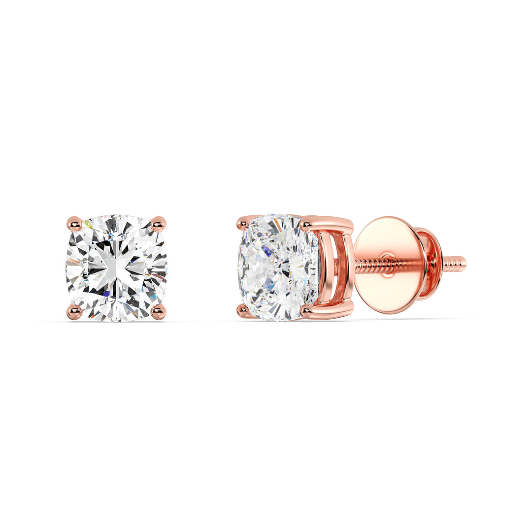 Cushion cut lab grown diamond stud earrings in rose gold, 0.20–4.00 CTTW