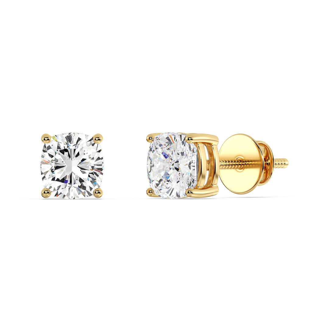 Cushion cut lab grown diamond stud earrings in yellow gold, 0.20–4.00 CTTW