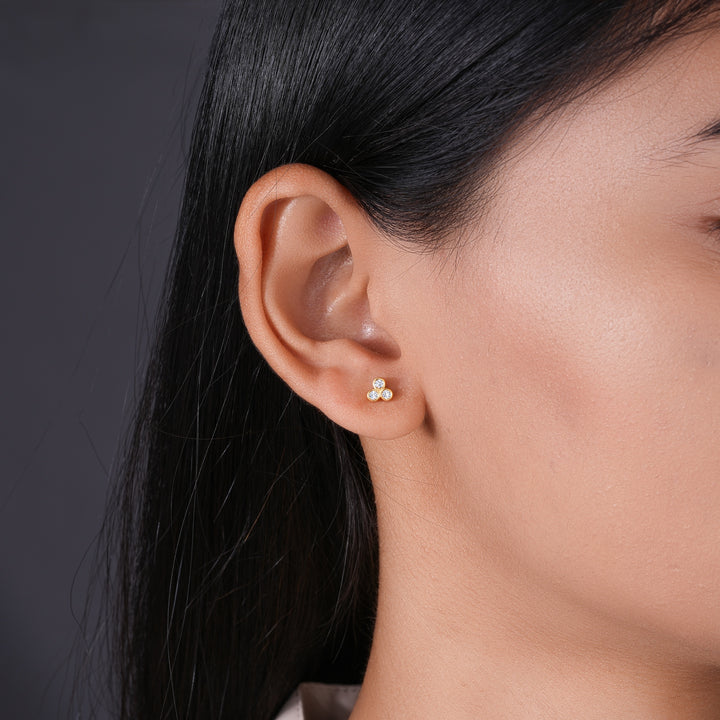 Round Cut Lab Grown Diamond Three Stone Bezel Stud Earrings in 18K Gold