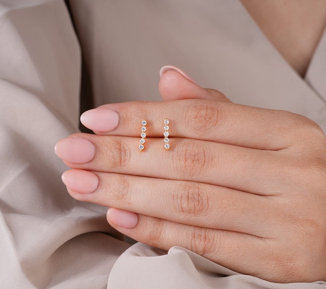 Round Cut Lab Grown Diamond Long Bar Stud Earrings in 18K Gold