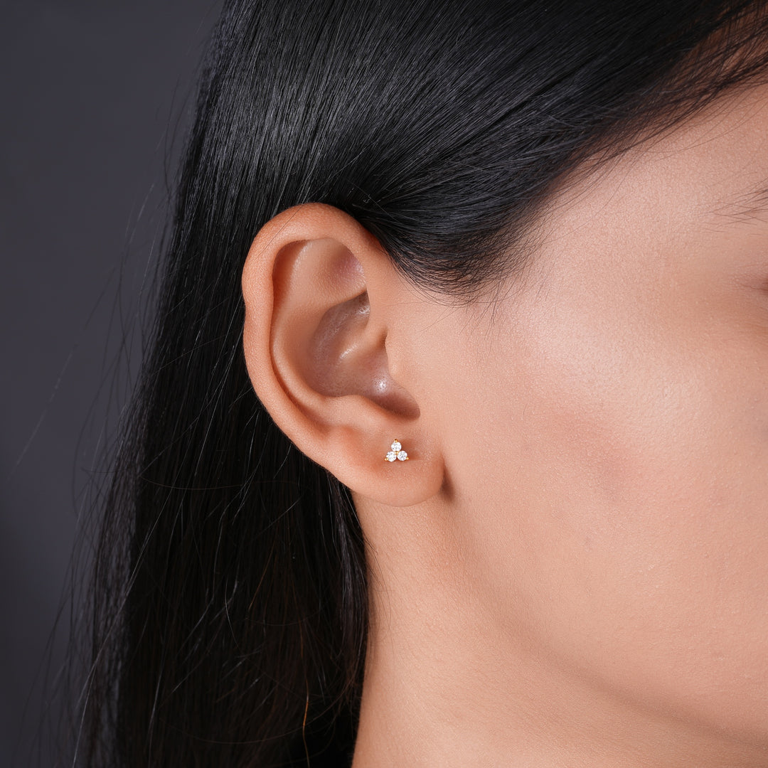 Round Cut Lab Grown Diamond Trinity Cluster Stud Earrings in 18K Gold