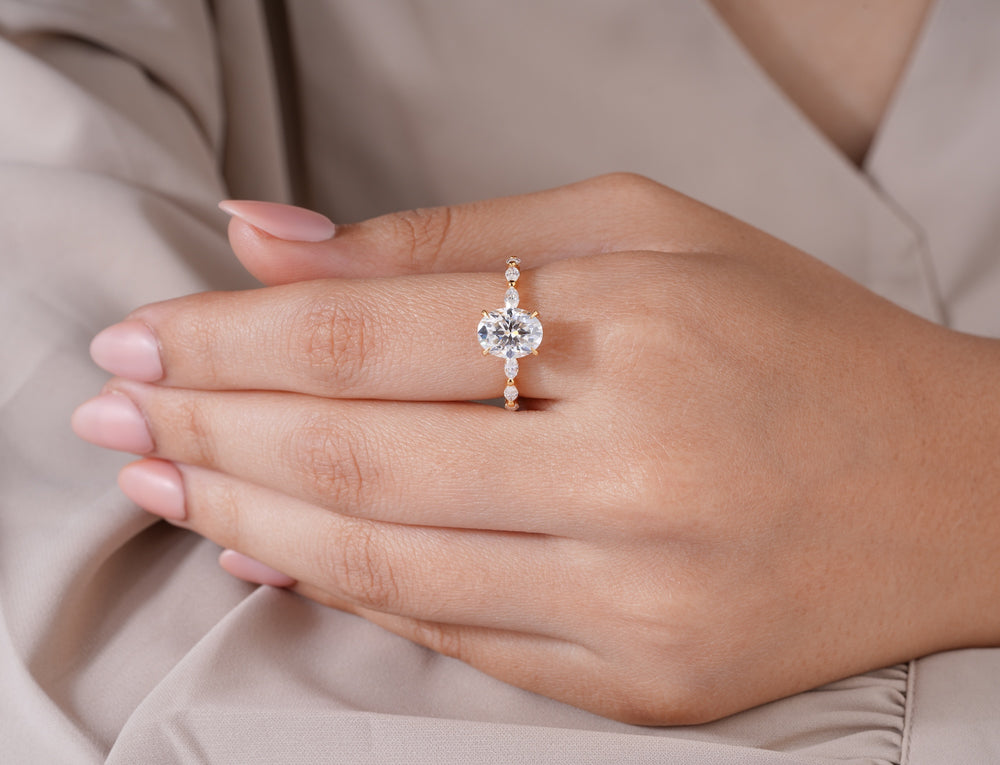 2 Carat Oval Cut Lab Grown Diamond Engagement Ring with Hidden Halo in 18K Gold