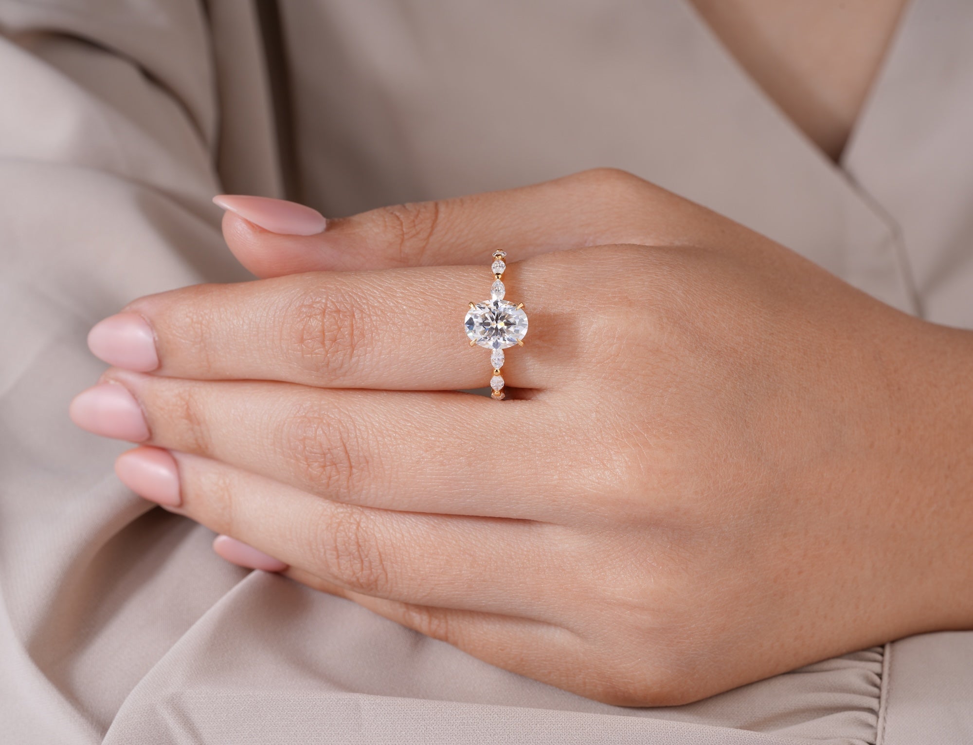 2 Carat Oval Cut Lab Grown Diamond Engagement Ring with Hidden Halo in 18K Gold