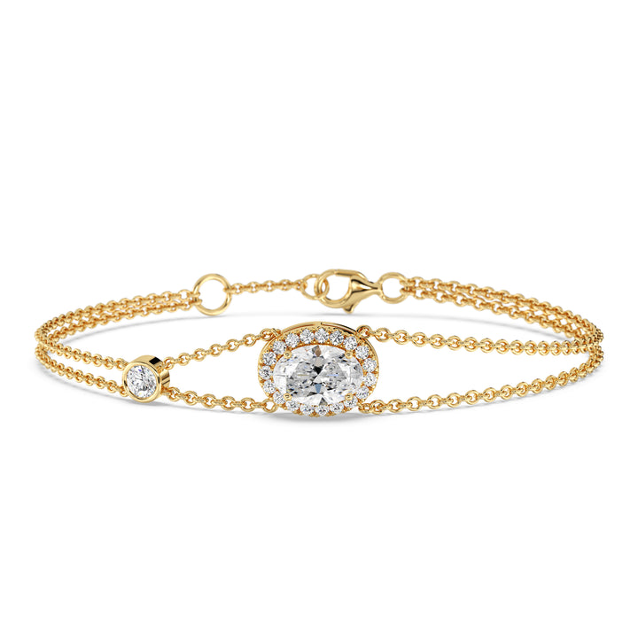 Double Chain 18K Solid Gold Bracelet with 1ct Oval-Cut Lab-Grown Diamond in Halo Setting, 20 Round EF/VS Lab Diamonds, Yellow Gold Tone