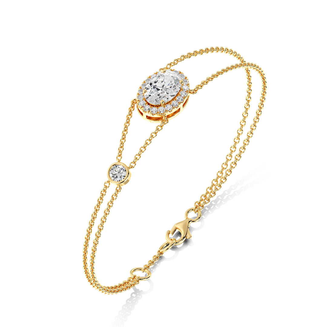 Double Chain 18K Solid Gold Bracelet with 1ct Oval-Cut Lab-Grown Diamond in Halo Setting, 20 Round EF/VS Lab Diamonds, Yellow Gold Tone