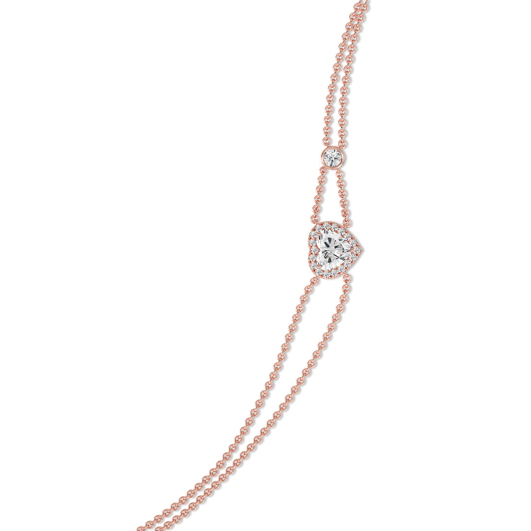 Double Chain Bracelet in 18K Rose Gold with a Heart-Cut Lab-Grown Diamond in Halo Setting, featuring a 1ct center stone and 19 round EF/VS lab diamonds