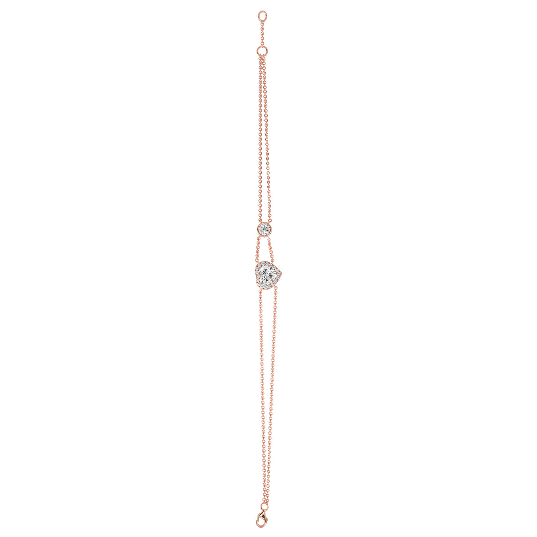 Double Chain Bracelet in 18K Rose Gold with a Heart-Cut Lab-Grown Diamond in Halo Setting, featuring a 1ct center stone and 19 round EF/VS lab diamonds