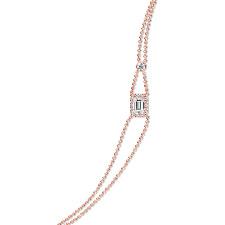 Double Chain Bracelet in 18K Rose Gold with an Emerald-Cut Lab-Grown Diamond in Halo Setting, featuring a 1ct center stone and 19 round EF/VS lab diamonds