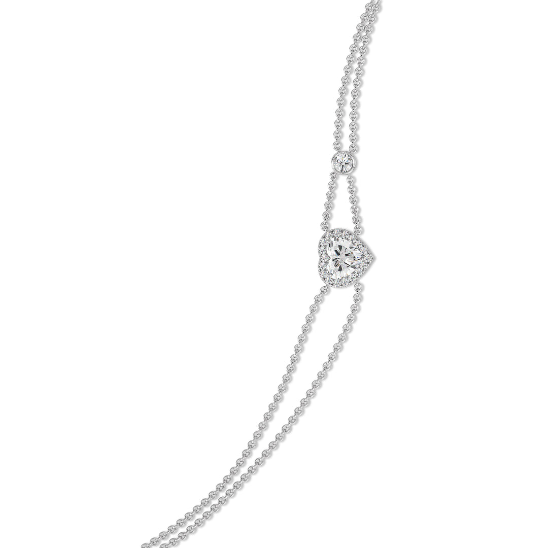 Double Chain Bracelet in 18K White Gold with a Heart-Cut Lab-Grown Diamond in Halo Setting, featuring a 1ct center stone and 19 round EF/VS lab diamonds