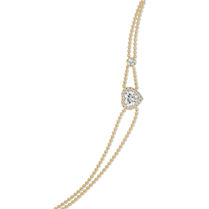 Double Chain Bracelet in 18K Yellow Gold with a Heart-Cut Lab-Grown Diamond in Halo Setting, featuring a 1ct center stone and 19 round EF/VS lab diamonds